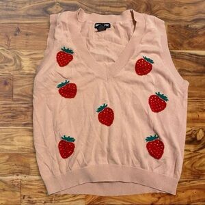 Hot Topic Pink V-Neck Sweater Vest with Red Strawberry Motif